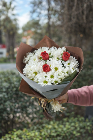 Papatya ve Kırmızı Gül Buketi